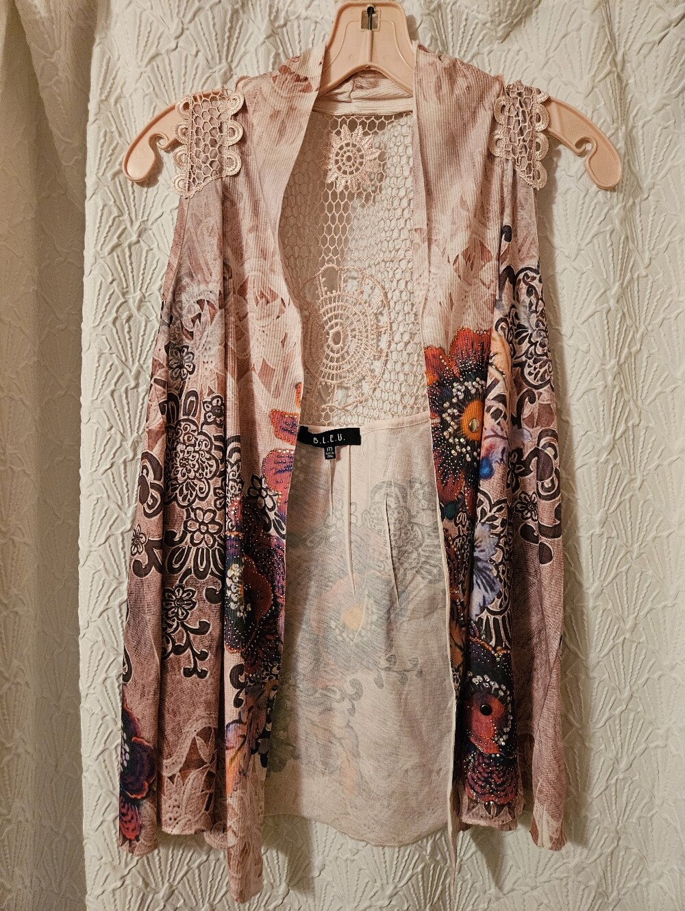 B.L.U. Open Front Floral Crochet Back Cardigan - Blush Multi